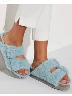 Papillio Arizona Teddy Shearling Double-Buckle Slides in Pastel Blue Women’s 39